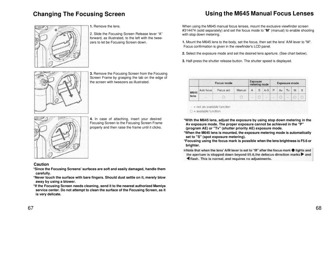 Mamiya 645 AF, 211125 manual Changing The Focusing Screen, Using the M645 Manual Focus Lenses 