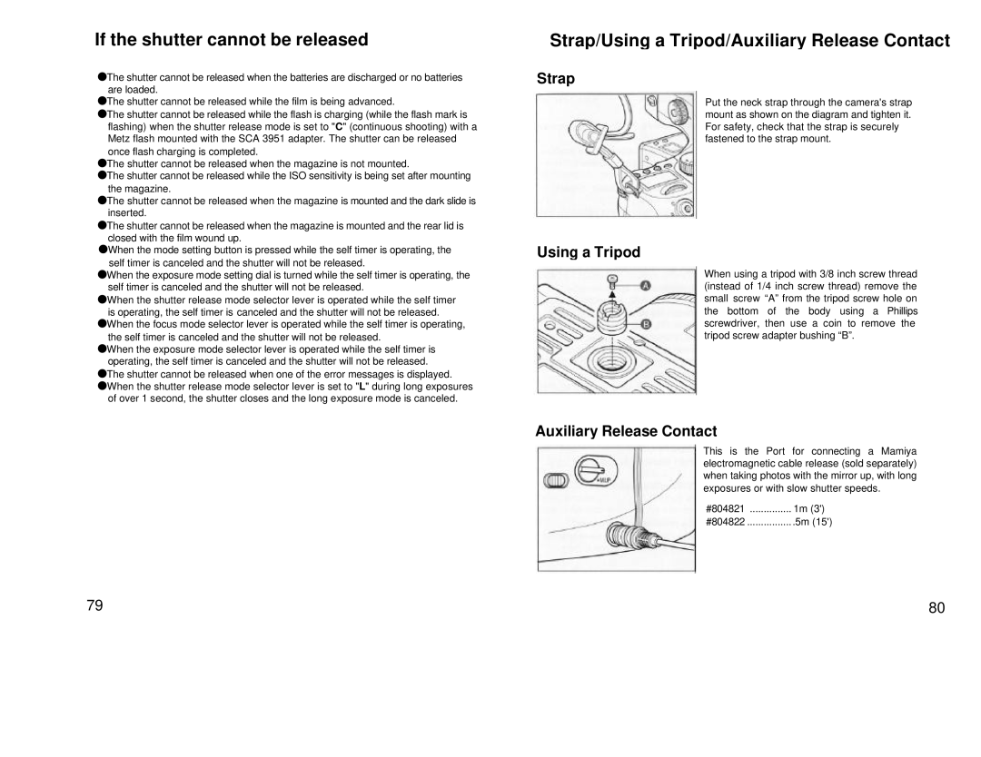 Mamiya 645 AF, 211125 manual If the shutter cannot be released, Strap/Using a Tripod/Auxiliary Release Contact 