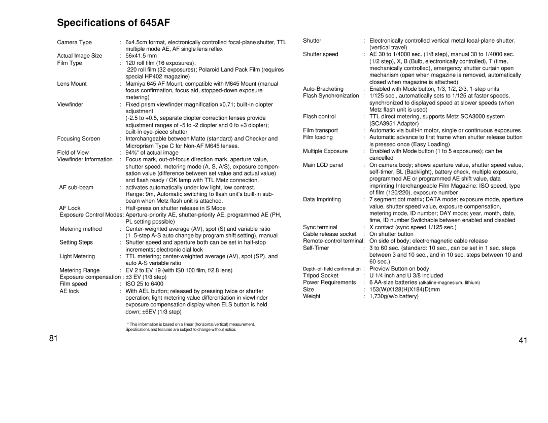 Mamiya 211125, 645 AF manual Specifications of 645AF 