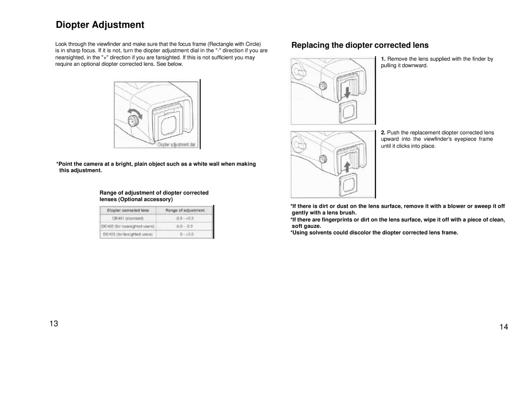 Mamiya 211125, 645 AF manual Diopter Adjustment, Replacing the diopter corrected lens 