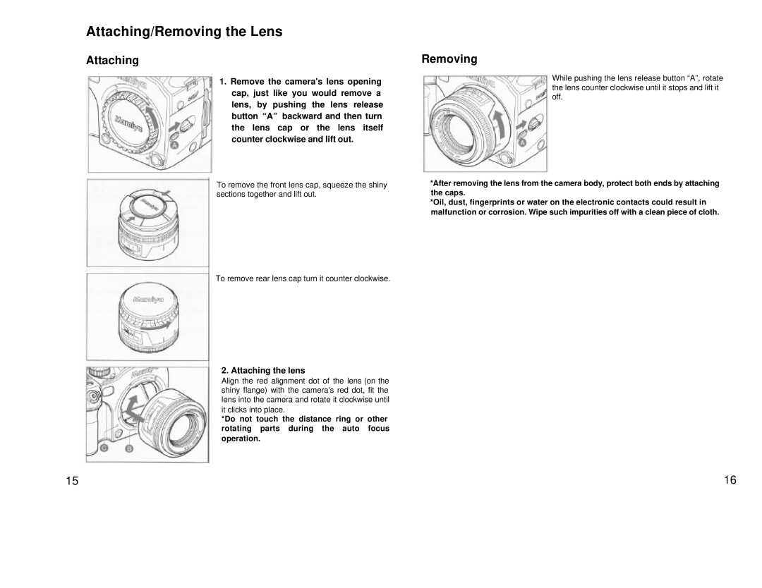 Mamiya 645 AF, 211125 manual Attaching/Removing the Lens, Attaching Removing, Attaching the lens 