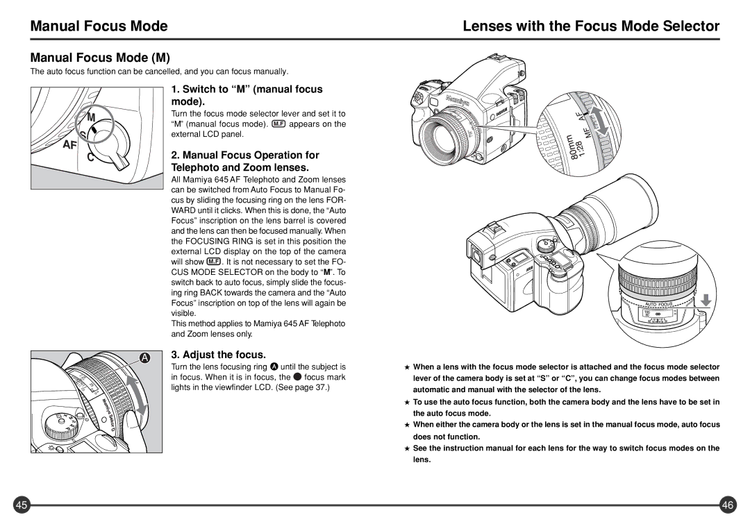 Mamiya 645 AFD III manual Lenses with the Focus Mode Selector, Manual Focus Mode M 