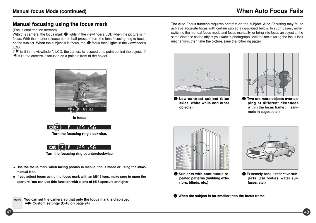 Mamiya 645 AFD III manual When Auto Focus Fails, Manual focusing using the focus mark 