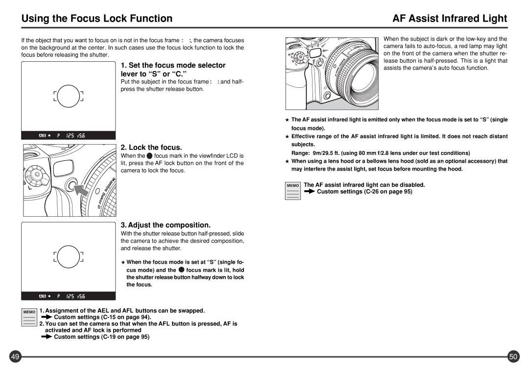 Mamiya 645 AFD III Using the Focus Lock Function, AF Assist Infrared Light, Set the focus mode selector lever to S or C 