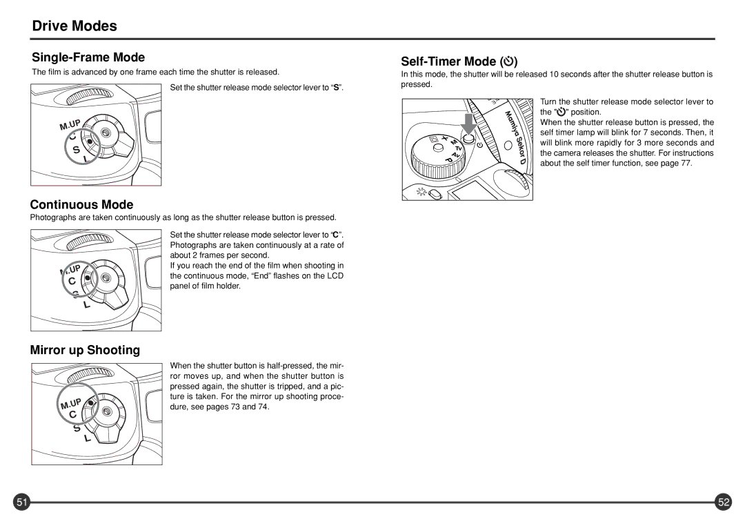 Mamiya 645 AFD III manual Drive Modes, Single-Frame Mode, Self-Timer Mode, Continuous Mode, Mirror up Shooting 