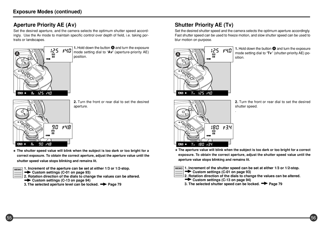 Mamiya 645 AFD III manual Aperture Priority AE Av, Shutter Priority AE Tv, Custom settings C-01 on 