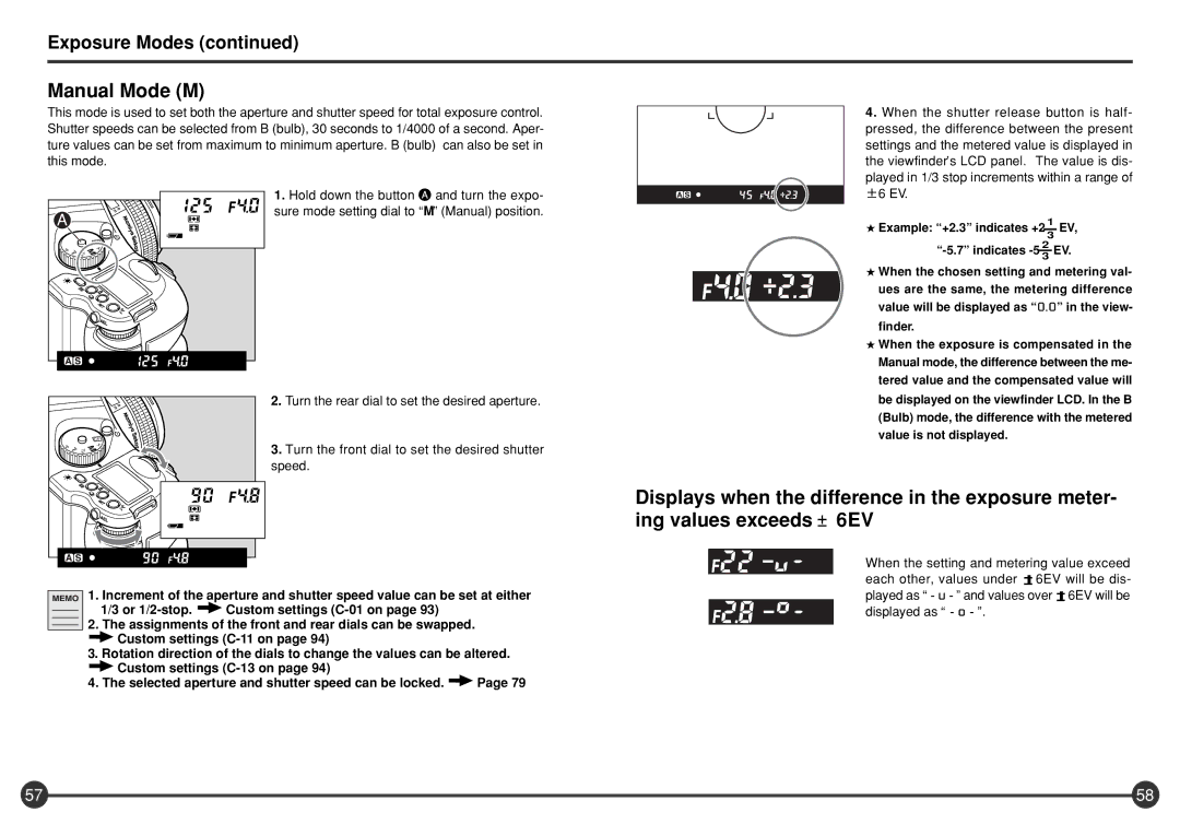 Mamiya 645 AFD III manual Manual Mode M, Turn the front dial to set the desired shutter, Speed, ±6 EV 