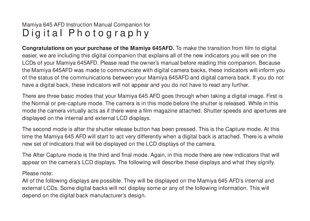 Mamiya 645 AFD instruction manual Digital Photography 