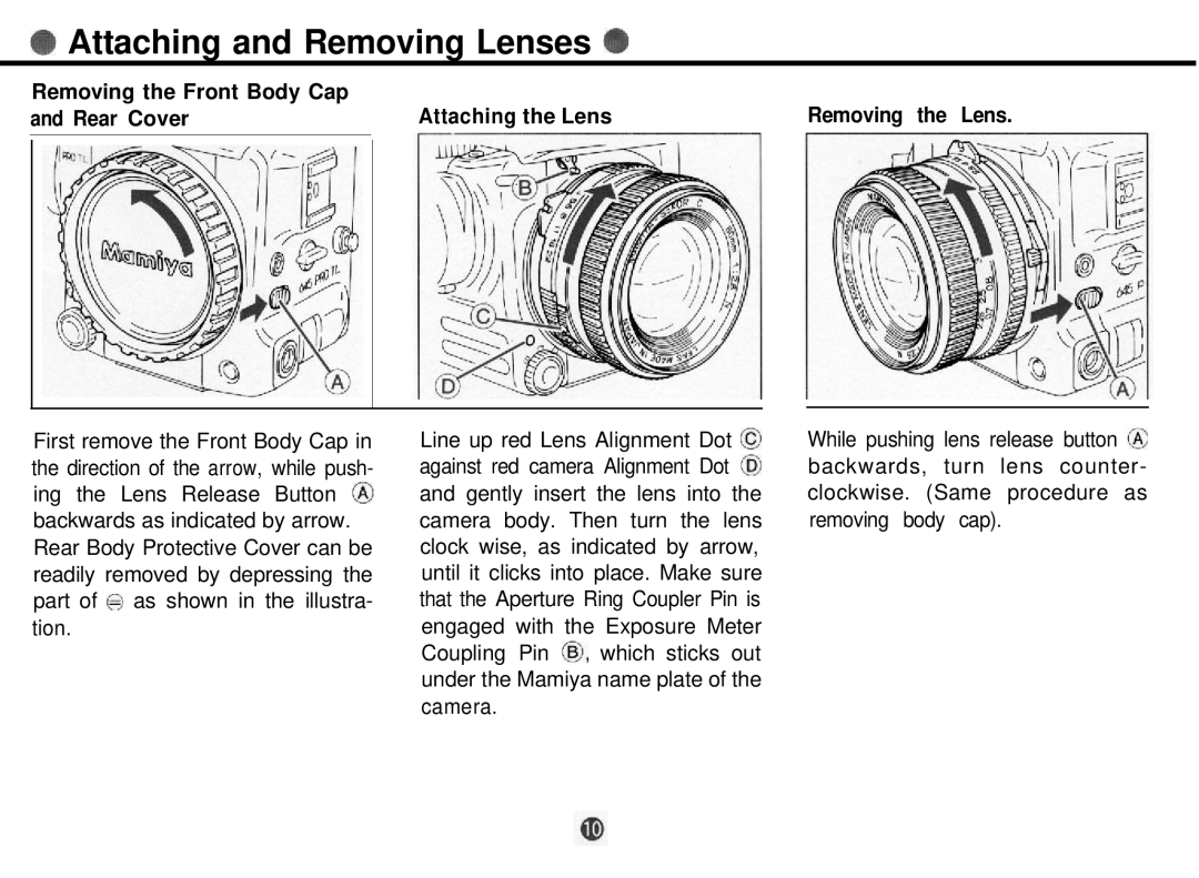 Mamiya 645 PRO TL manual @ Attaching and Removing Lenses 