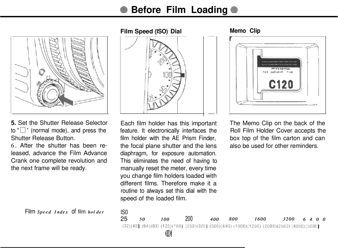 Mamiya 645 PRO TL manual Before Film Loading, Film Speed ISO Dial, Memo Clip 