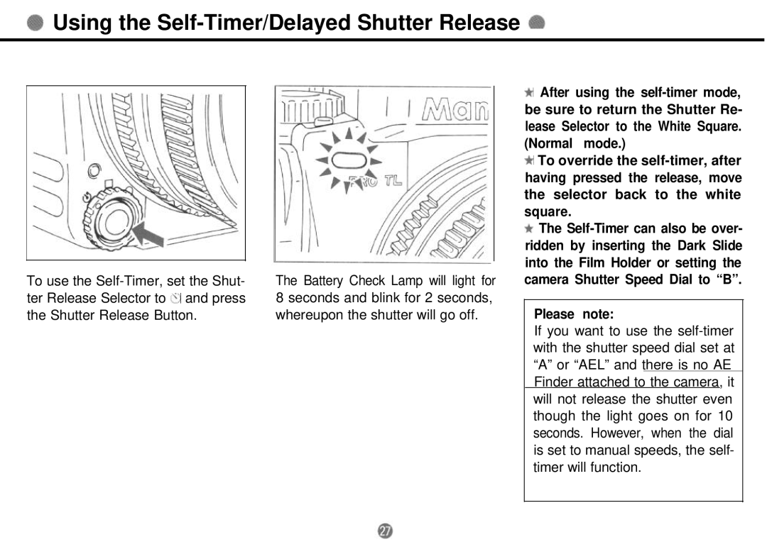 Mamiya 645 PRO TL manual Using the Self-Timer/Delayed Shutter Release, Please note 