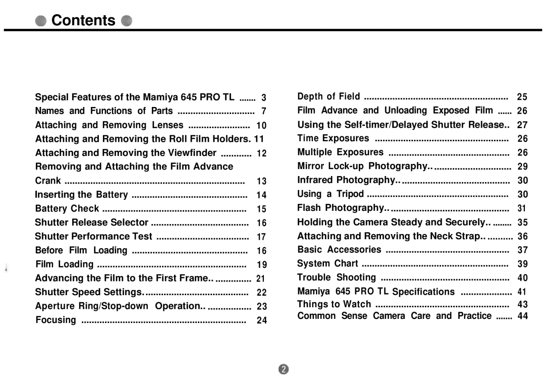 Mamiya 645 PRO TL manual Contents 