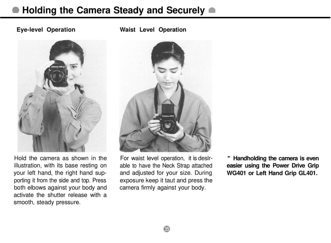 Mamiya 645 PRO TL manual @ Holding the Camera Steady and Securely h, Eye-level Operation Waist Level Operation 