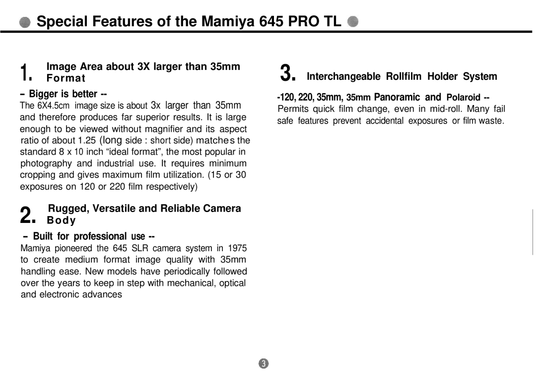 Mamiya manual Special Features of the Mamiya 645 PRO TL, Interchangeable Rollfilm Holder System 