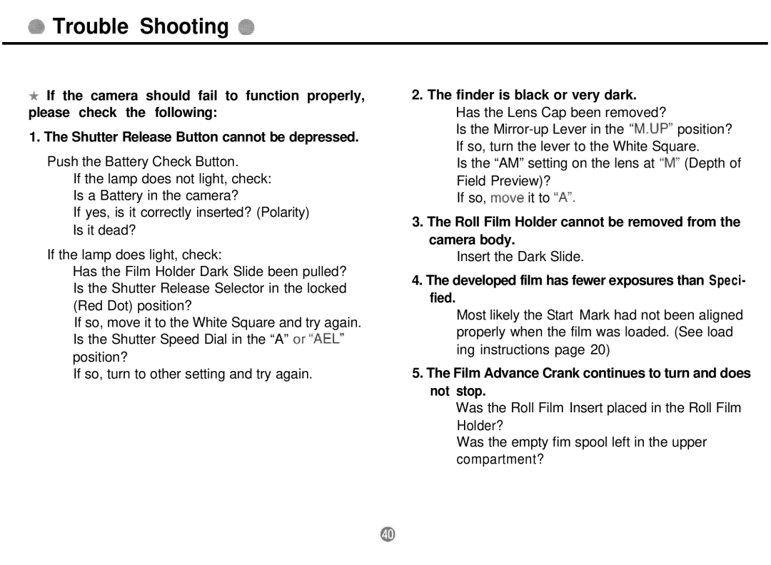 Mamiya 645 PRO TL manual Trouble Shooting, Roll Film Holder cannot be removed from the camera body 