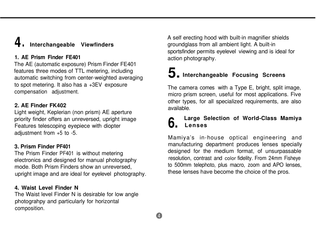 Mamiya 645 PRO TL manual Interchangeable Viewfinders AE Prism Finder FE401, AE Finder FK402, Prism Finder PF401 