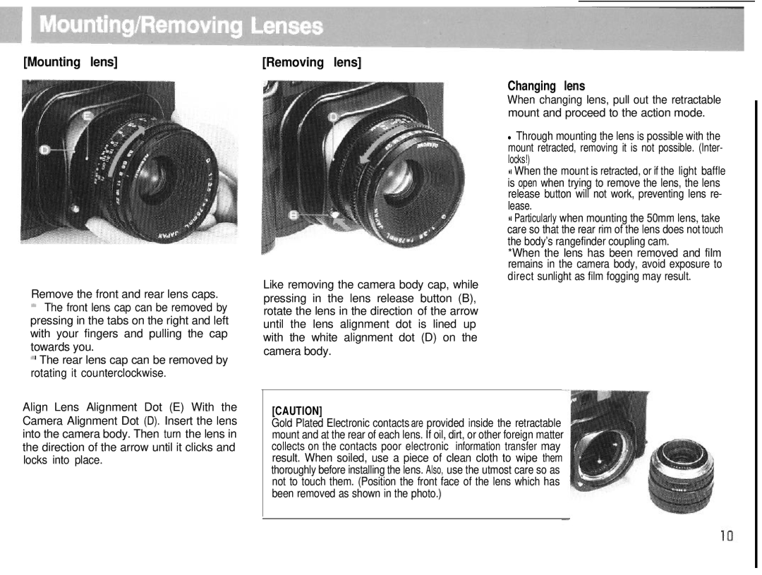 Mamiya 6MF manual Mounting lens, Removing lens, Changing lens 