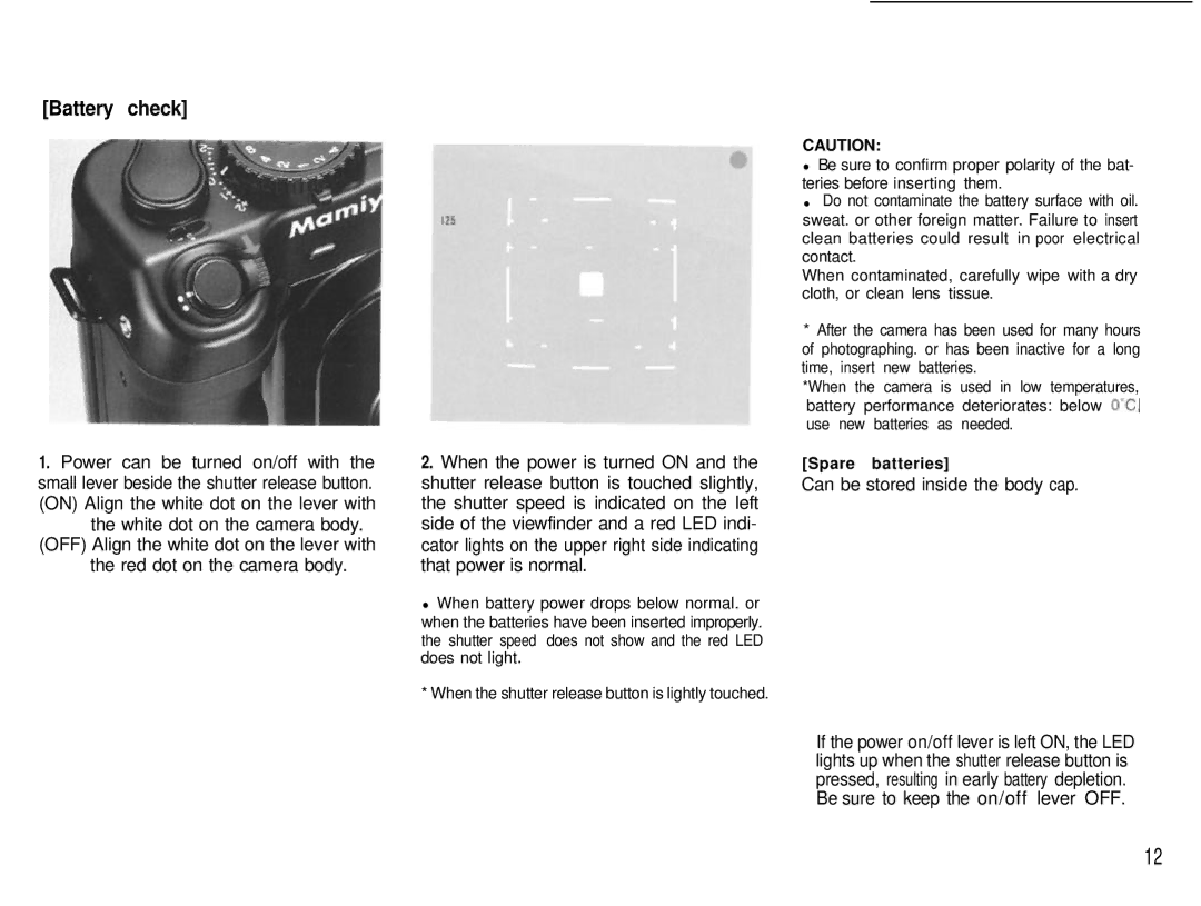 Mamiya 6MF manual Battery check, Can be stored inside the body cap 