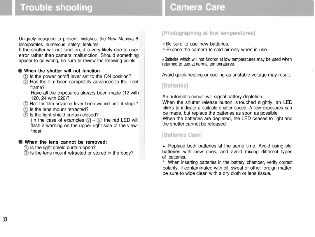 Mamiya 6MF manual When the shutter will not function, When the lens cannot be removed 