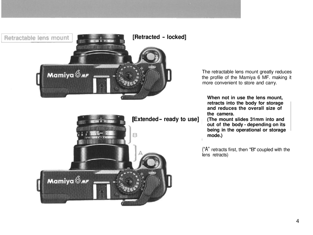 Mamiya 6MF manual Camera, Mode, Aretracts first, then B coupled with the lens retracts 