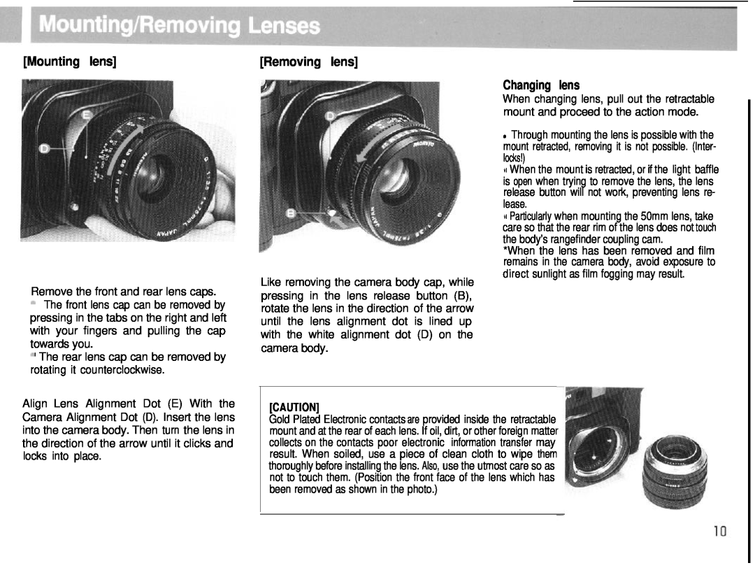 Mamiya 6MF manual Mounting lens, Removing lens, Changing lens 