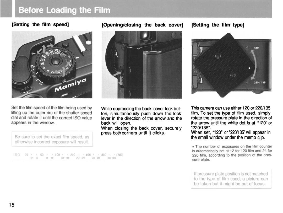 Mamiya 6MF manual Setting the film speed, Opening/closing the back cover, Setting the film type 
