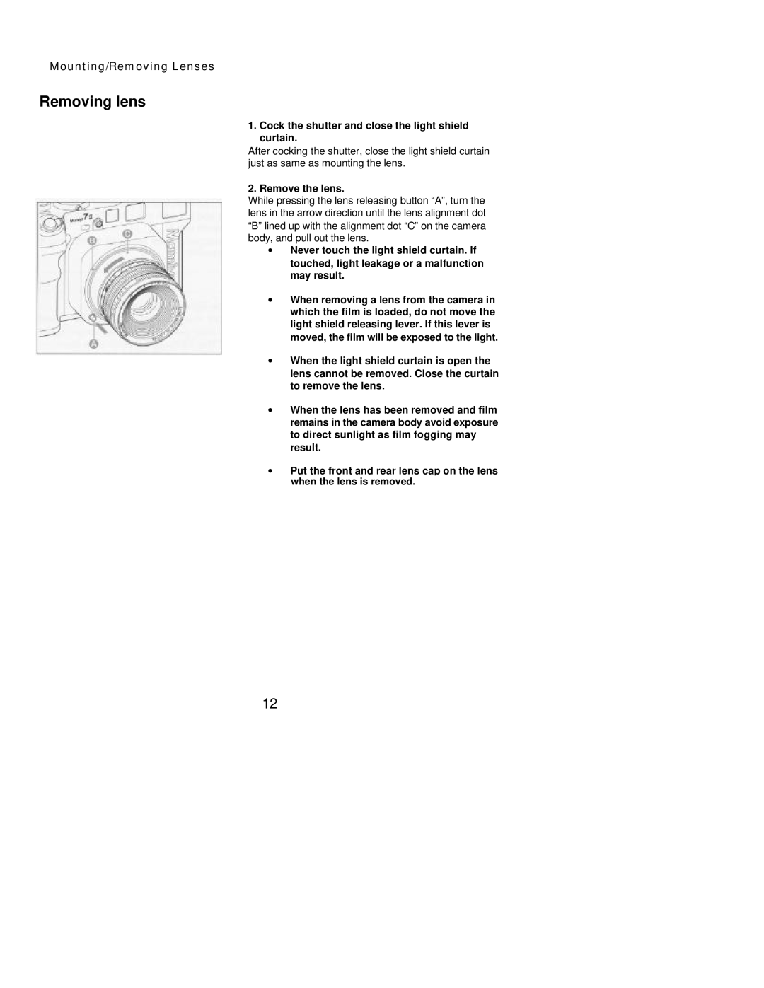 Mamiya 7 II manual Removing lens, Cock the shutter and close the light shield curtain, Remove the lens 
