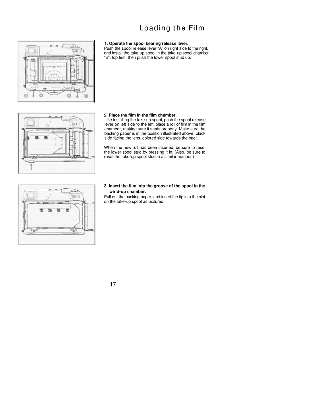 Mamiya 7 II manual Loading the Film, Operate the spool bearing release lever, Place the film in the film chamber 