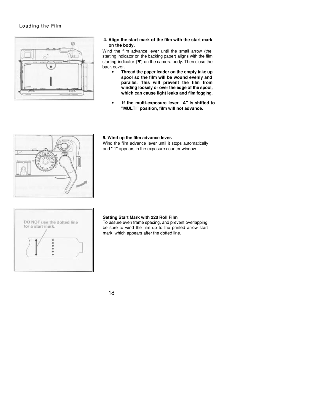 Mamiya 7 II manual Loading the Film, Setting Start Mark with 220 Roll Film 