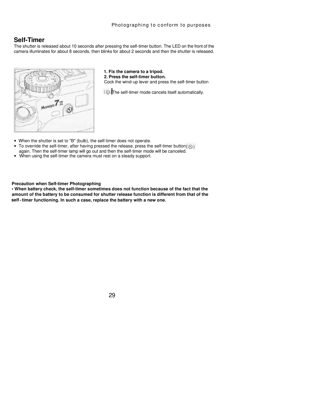 Mamiya 7 II manual Self-Timer, Fix the camera to a tripod Press the self-timer button 