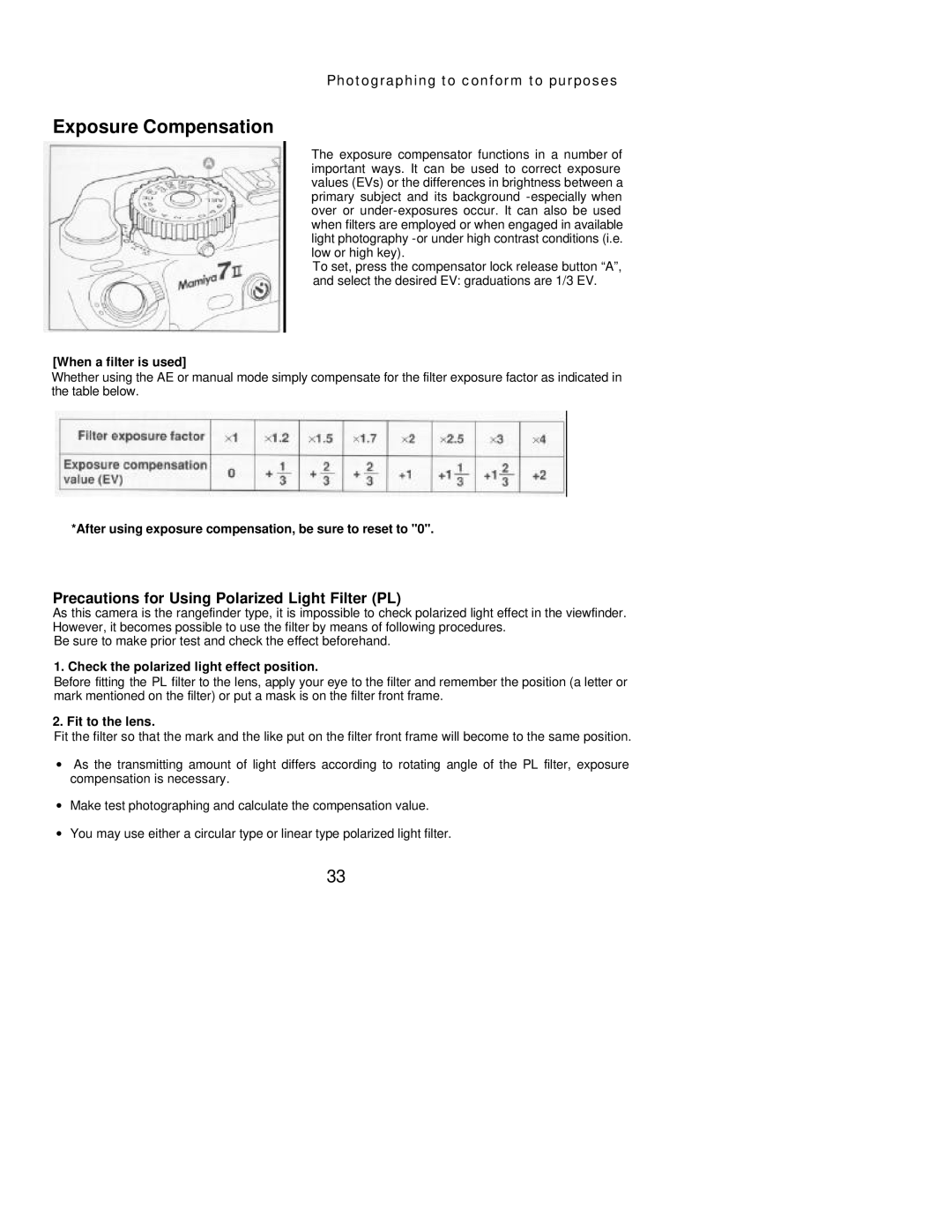 Mamiya 7 II manual Exposure Compensation, When a filter is used, After using exposure compensation, be sure to reset to 