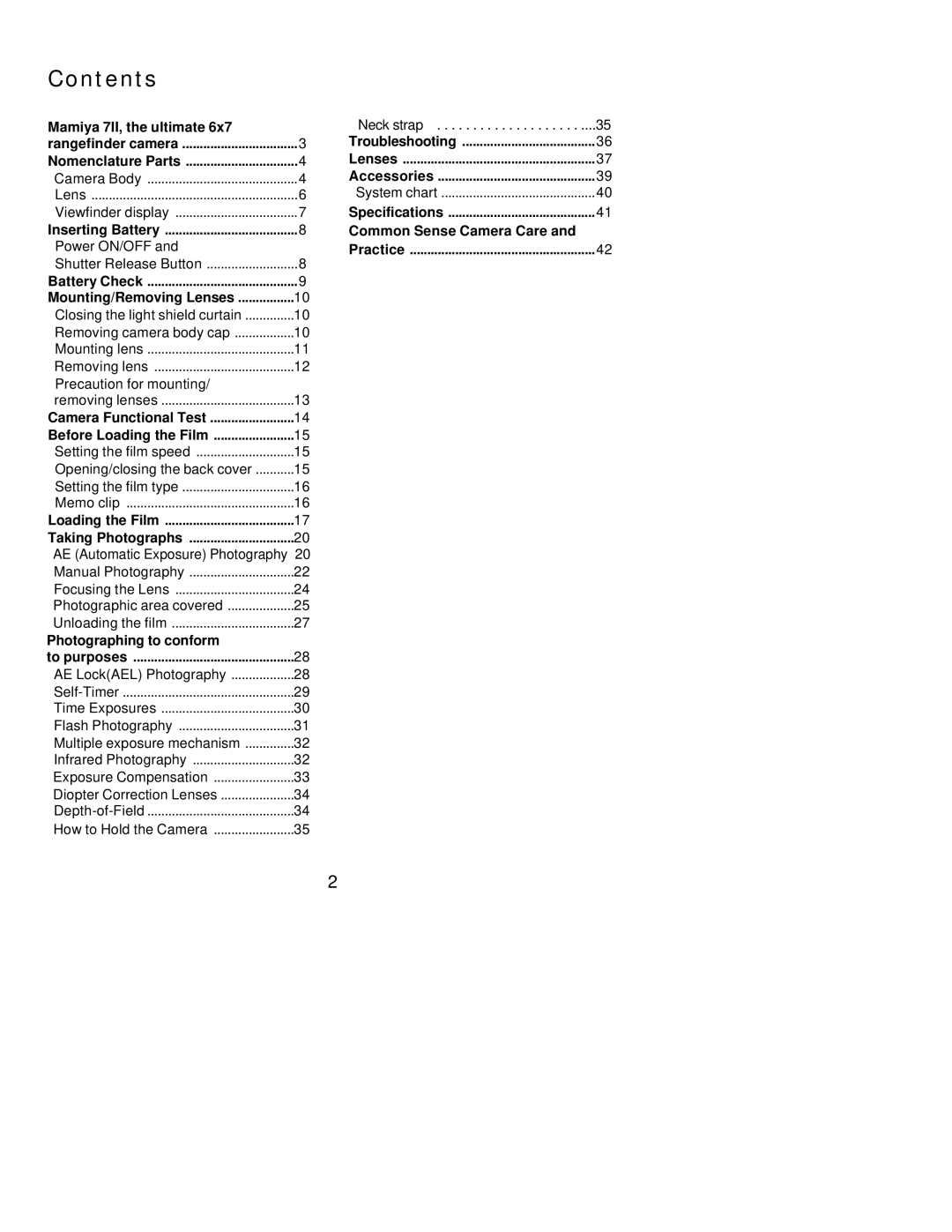 Mamiya 7 II manual Contents 