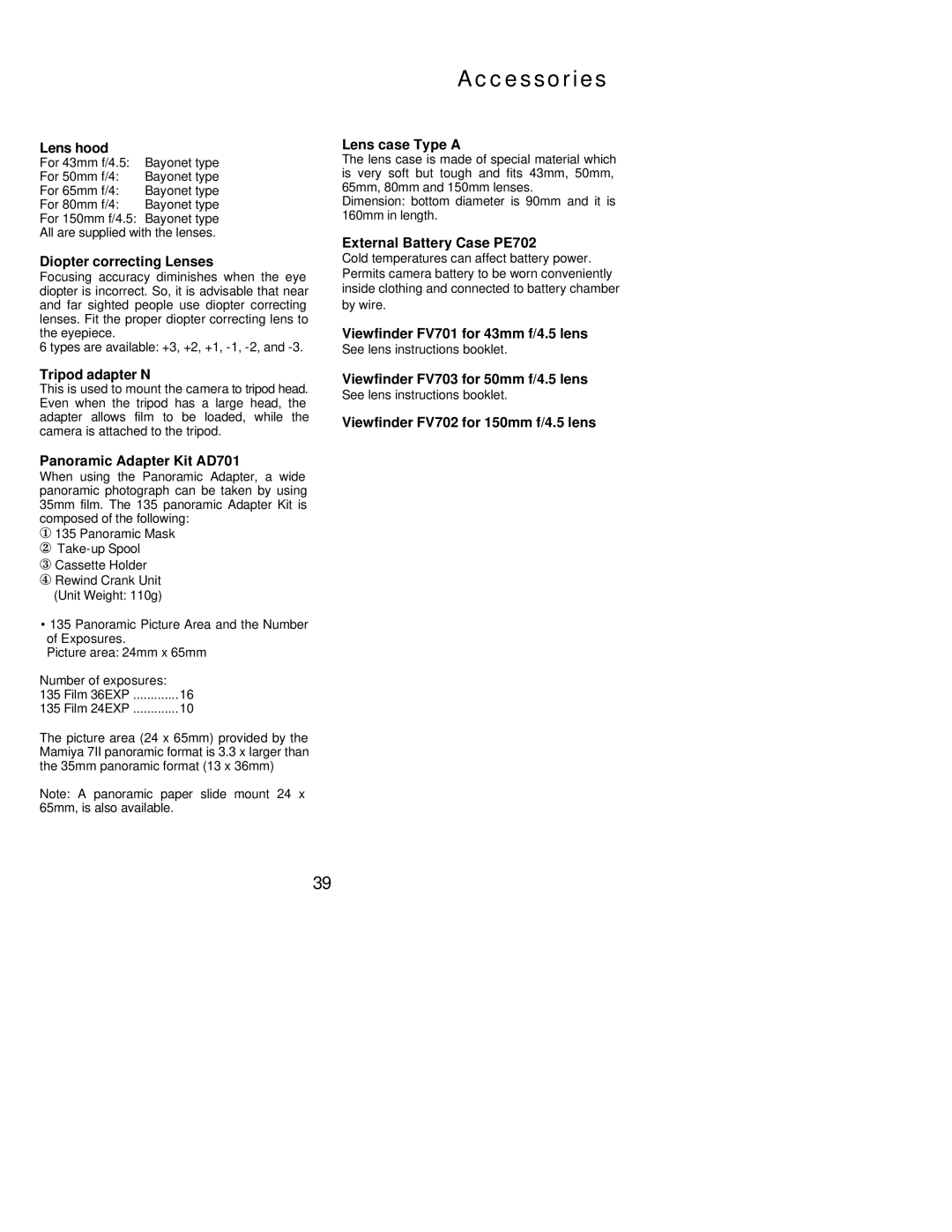 Mamiya 7 II manual Accessories 