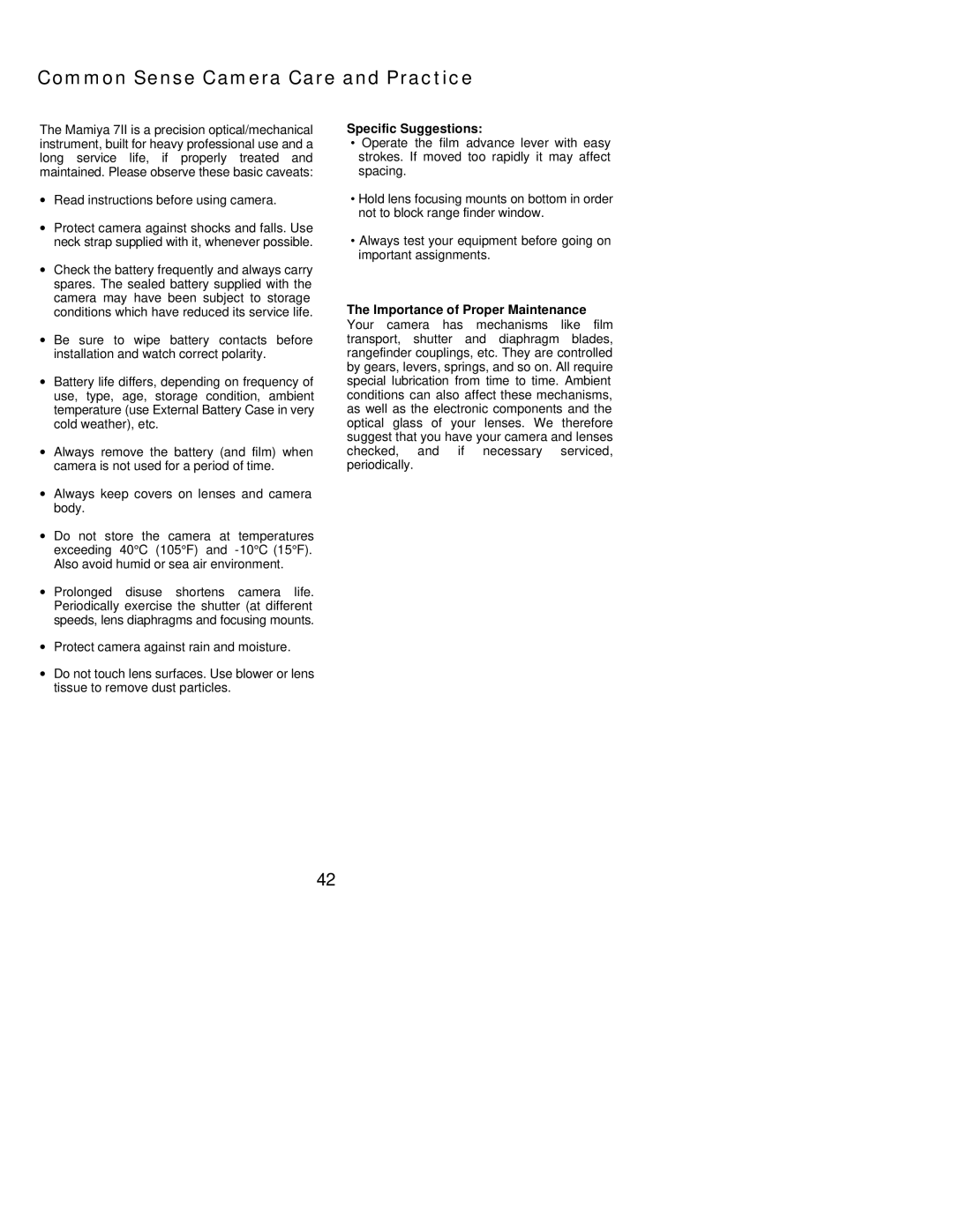 Mamiya 7 II manual Common Sense Camera Care and Practice, Specific Suggestions, Importance of Proper Maintenance 