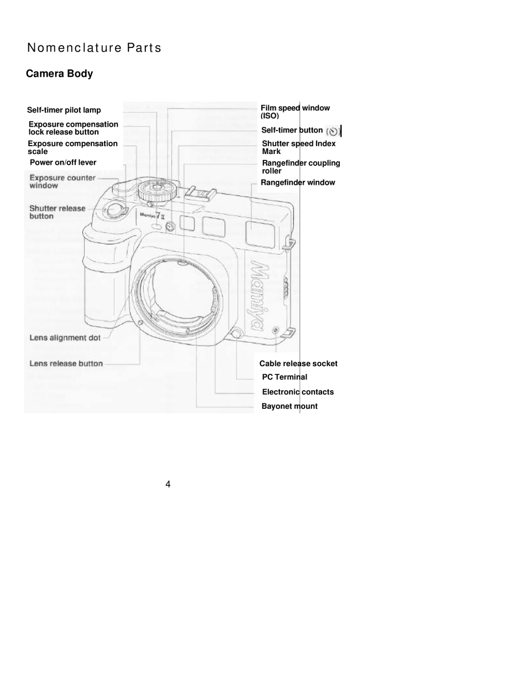 Mamiya 7 II manual Nomenclature Parts, Camera Body 