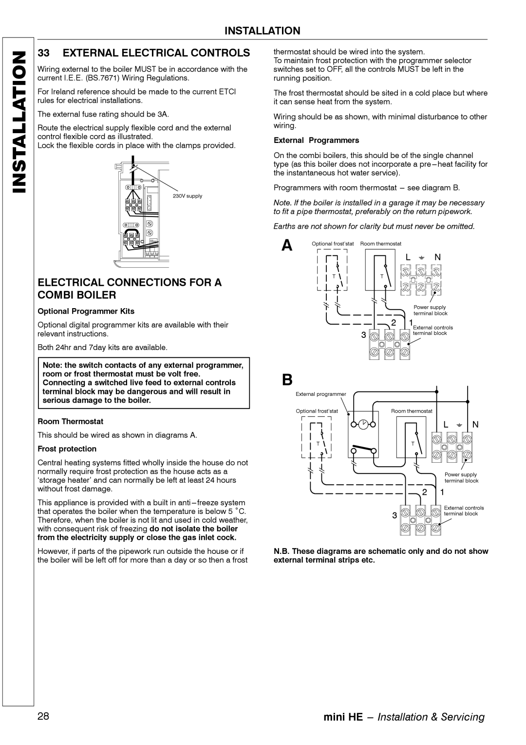 Mamiya C28, C32, C24 manual External Electrical Controls, Electrical Connections for a Combi Boiler 