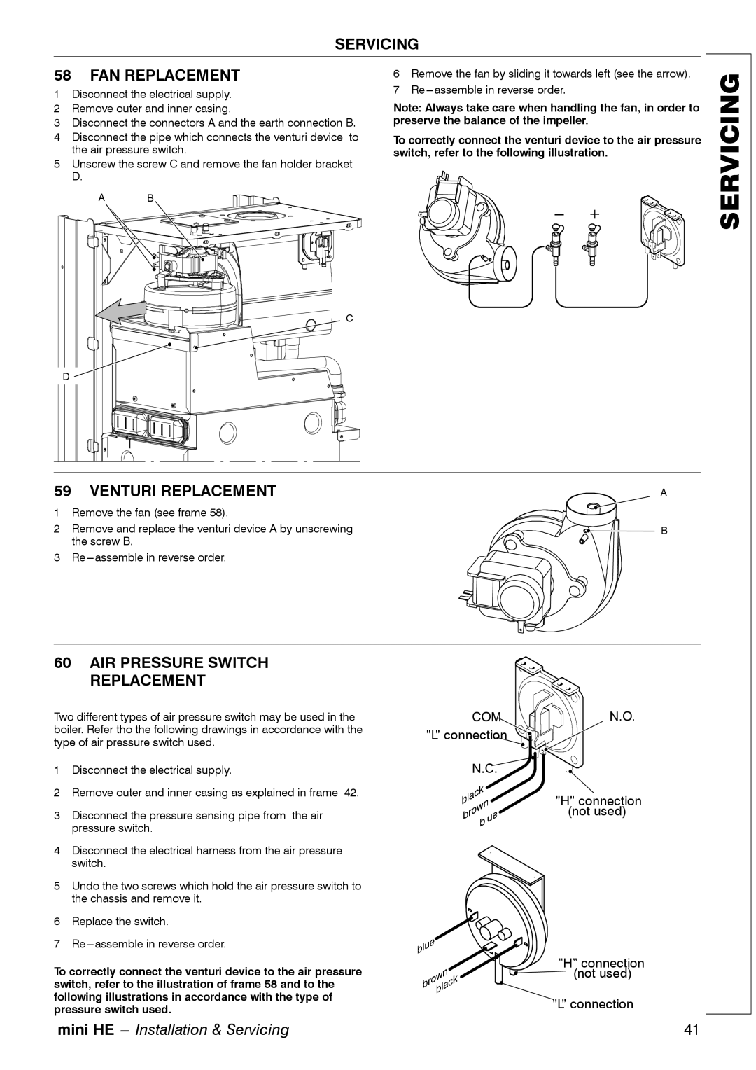 Mamiya C24, C32, C28 manual Servicing FAN Replacement, Venturi Replacement, AIR Pressure Switch Replacement 