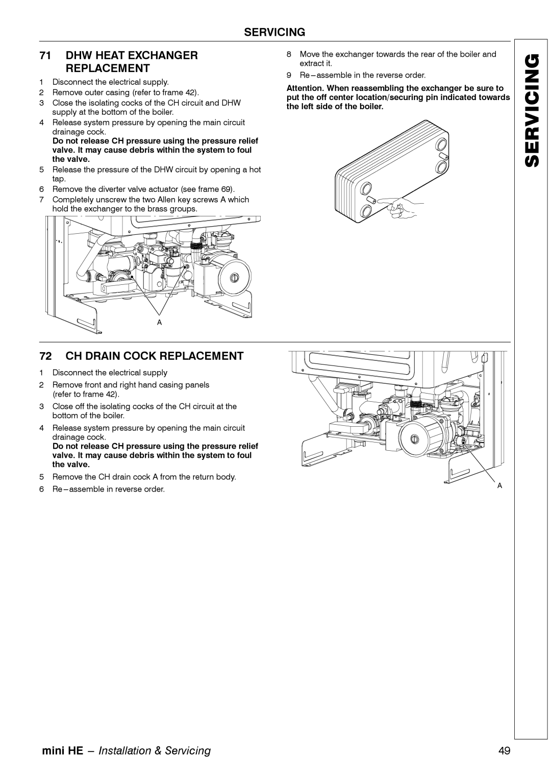 Mamiya C28, C32, C24 manual Servicing DHW Heat Exchanger Replacement, CH Drain Cock Replacement 