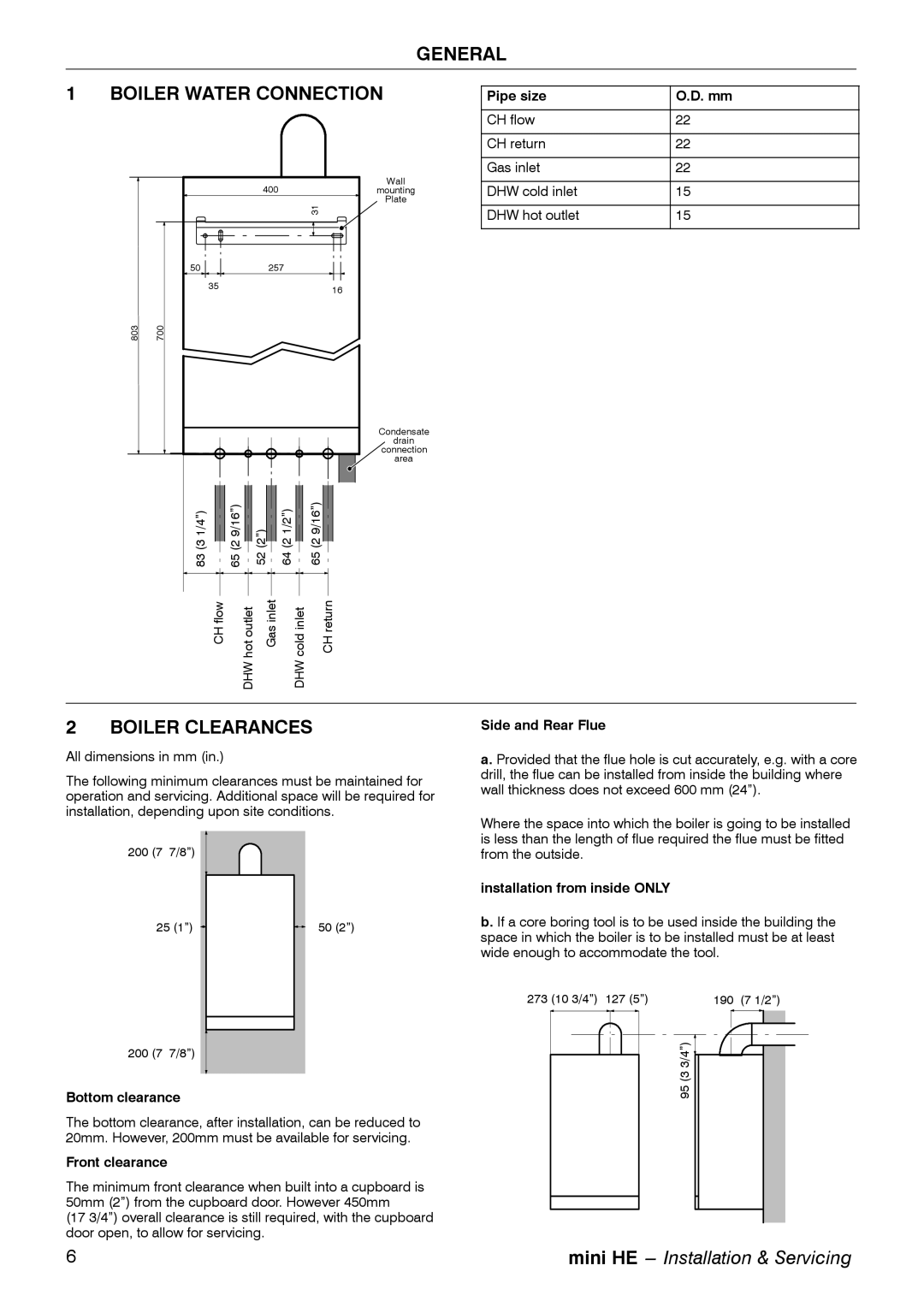 Mamiya C32, C28, C24 manual General Boiler Water Connection, Boiler Clearances 