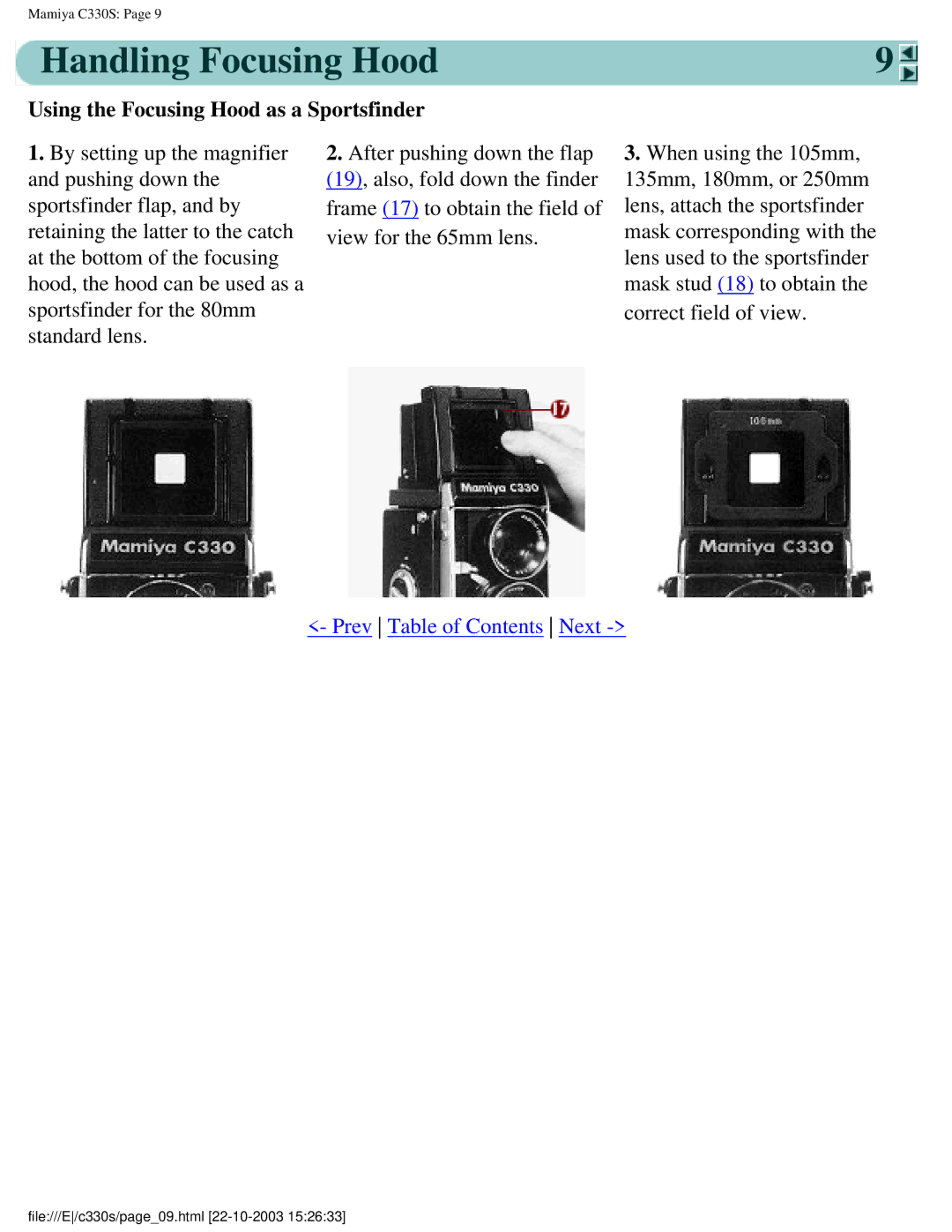 Mamiya C 330 s, C330S manual Handling Focusing Hood, Using the Focusing Hood as a Sportsfinder 