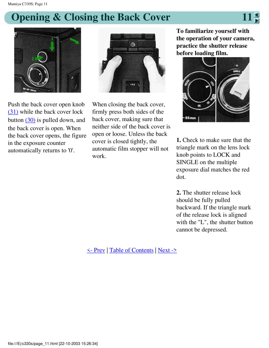 Mamiya C330S, C 330 s manual Opening & Closing the Back Cover 