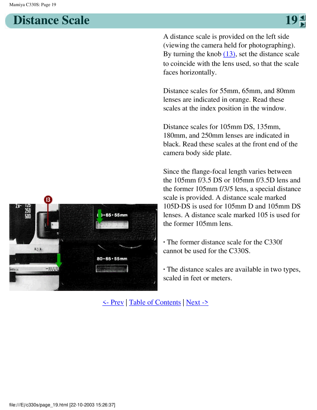 Mamiya C330S, C 330 s manual Distance Scale 