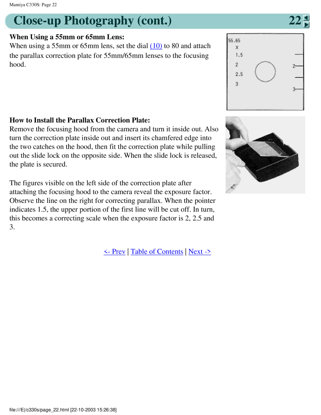 Mamiya C330S, C 330 s manual When Using a 55mm or 65mm Lens, How to Install the Parallax Correction Plate 