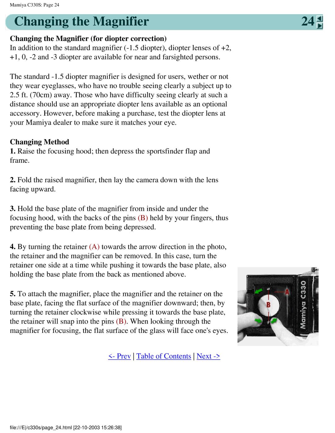 Mamiya C 330 s, C330S manual Changing the Magnifier for diopter correction, Changing Method 