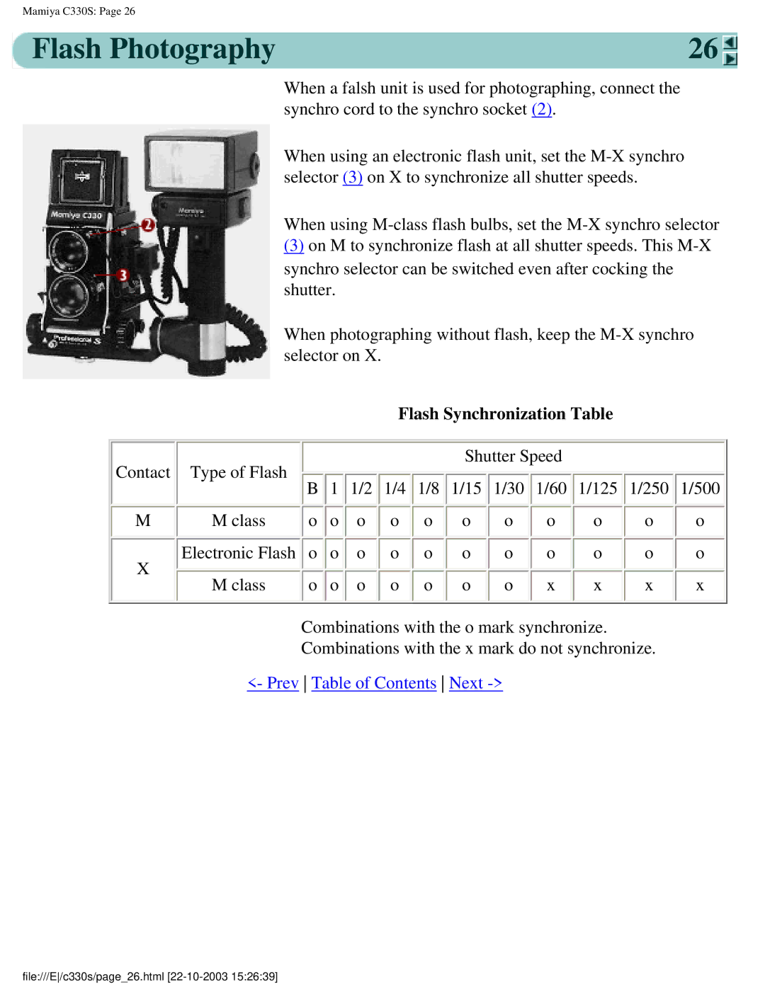 Mamiya C330S, C 330 s manual Flash Photography, Flash Synchronization Table 