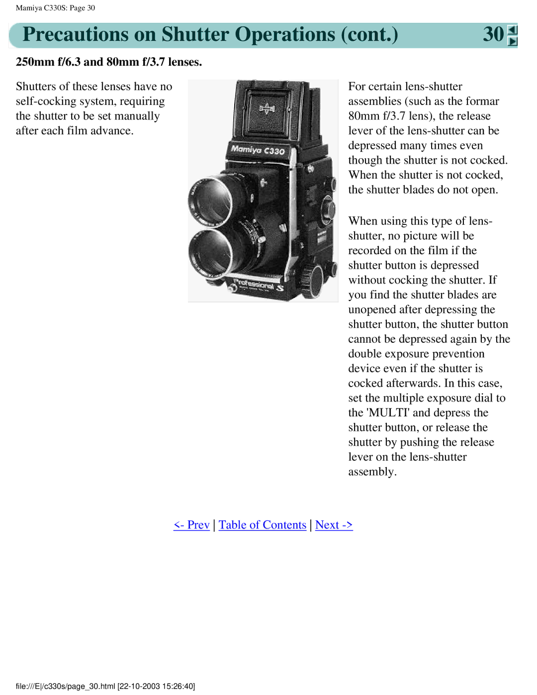 Mamiya C330S, C 330 s manual Precautions on Shutter Operations, 250mm f/6.3 and 80mm f/3.7 lenses 