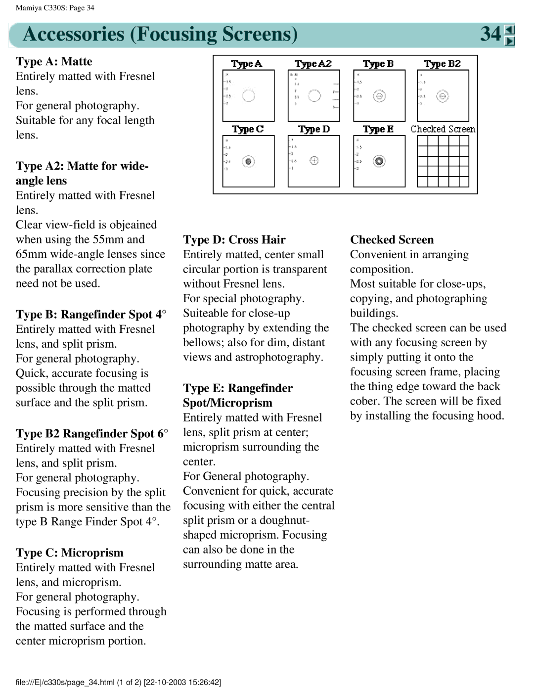Mamiya C330S, C 330 s manual Accessories Focusing Screens 