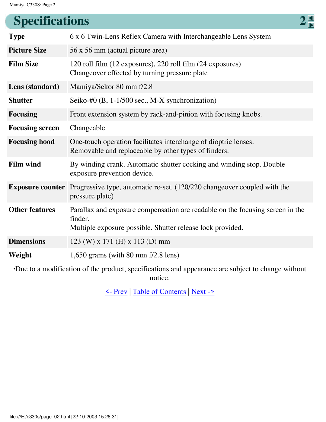 Mamiya C330S, C 330 s manual Specifications 