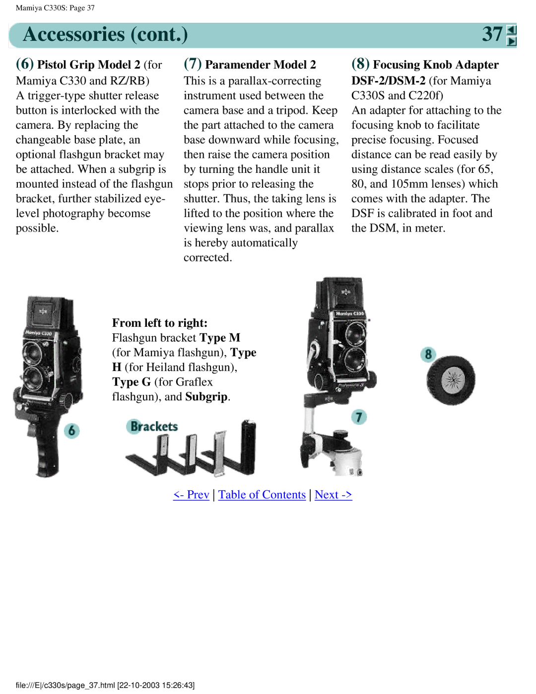 Mamiya C330S, C 330 s manual Pistol Grip Model 2 for, Paramender Model, Focusing Knob Adapter, From left to right 