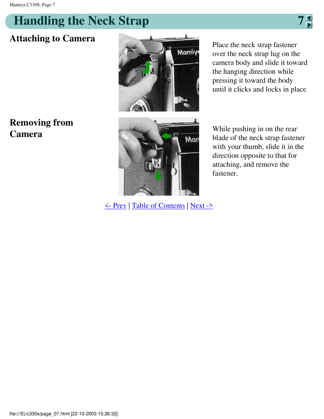 Mamiya C330S, C 330 s manual Handling the Neck Strap, Attaching to Camera Removing from 